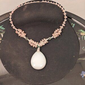 Necklace Tear Drop Rose Quartz 2in Pendant & Beaded Strand 18 in